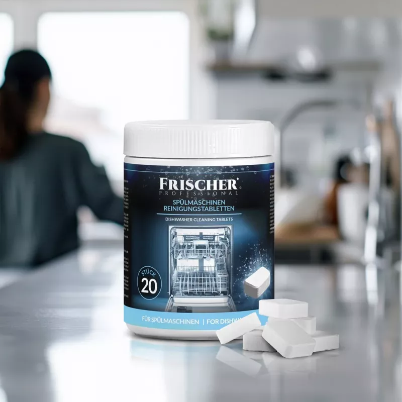 Pastilhas de limpeza para máquina de lavar loiça FRISCHER FR00206 20 unid. 16 g — pastilhas de limpeza e descalcificação para máquina de lavar loiça