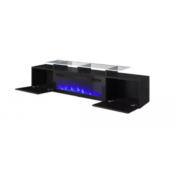 Móvel de TV Cama Meble ROVA com lareira elétrica, 190x37x48 cm, preto/preto brilhante