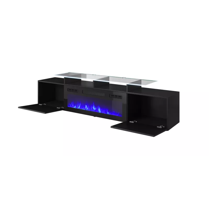 Móvel de TV Cama Meble ROVA com lareira elétrica, 190x37x48 cm, preto/preto brilhante