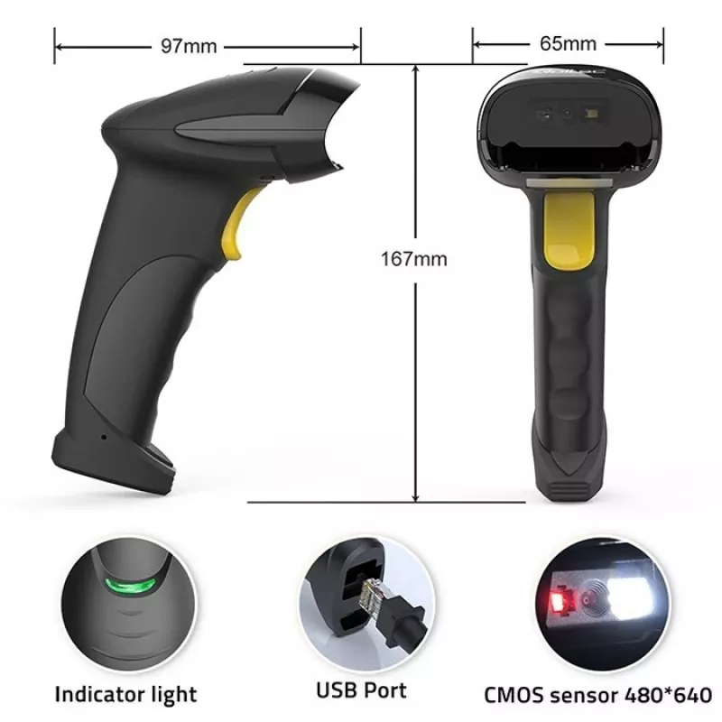Qoltec 50853 leitor laser de códigos de barras portátil 1D/2D, USB com fio, cabo de 1,65 m, 97x65x167 mm, 105 g, preto