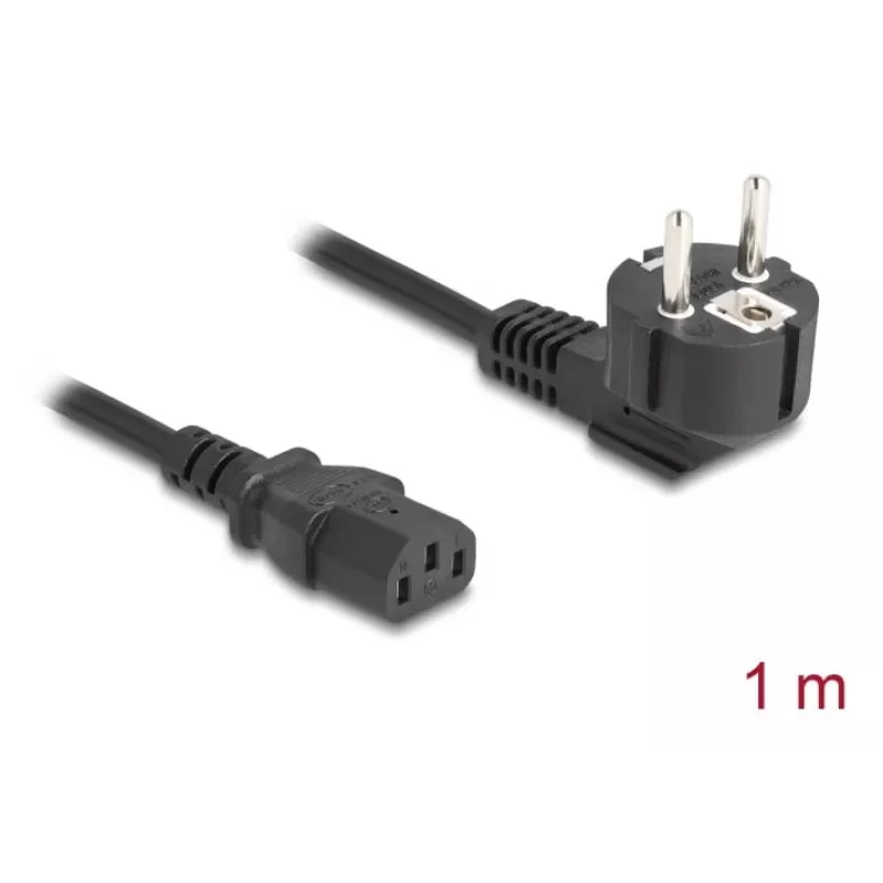 Cabo de alimentação DELOCK CEE 7/7 (E+F) para IEC C13 90° angular, 1 m, H05VV-F 3x1,00 mm², preto