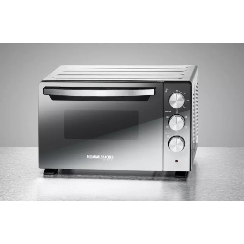 Mini-forno Rommelsbacher BGS 1400, 18 L, 230 °C, 5 modos de aquecimento, espeto rotativo, prateado/preto