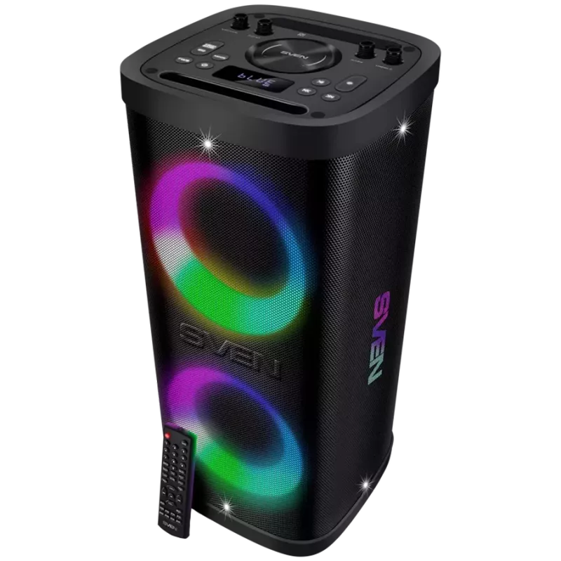 Altifalante portátil SVEN PS-950, preto, potência de saída 2x80W (RMS), TWS, Bluetooth, IPx4, FM, USB, microSD, ecrã LED, bateria de lítio