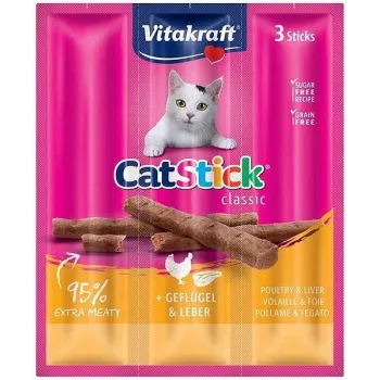 Petiscos para gatos Vitakraft CatStick Mini fígado de aves — snacks carnudos firmes, 3 unid., 18 g, sem cereais