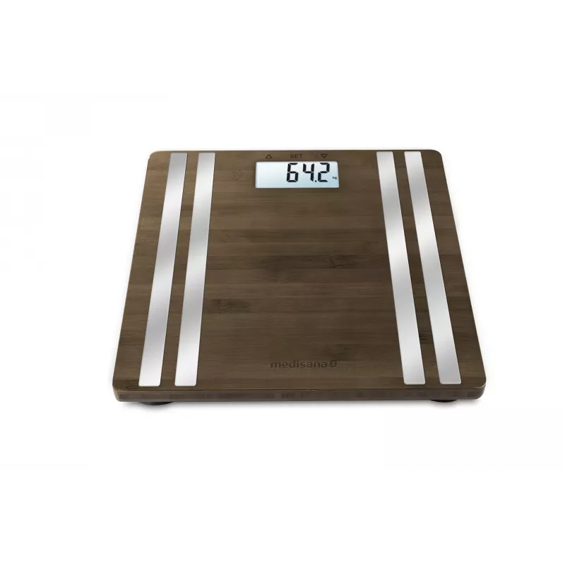 Balança de pessoa eletrónica Medisana BS 552 — cor prateada com superfície de bambu, máx. 180 kg, precisão de 100 g, Bluetooth, IMC, composição corporal