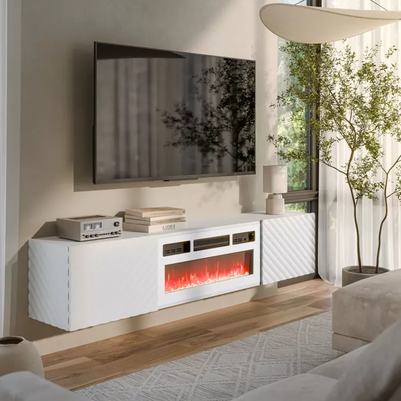 Móvel de TV Cama RTV LARA 183x35x37 branco mate + lareira branca
