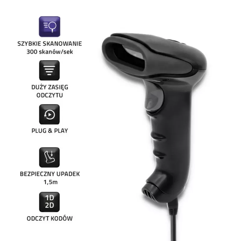 Leitor de códigos de barras manual QOLTEC 50868 — leitor laser 1D/2D, USB com e sem fios, distância de trabalho 600 mm, preto
