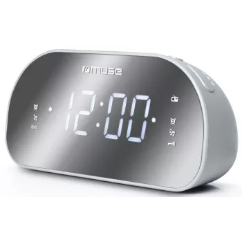 Rádio-relógio Muse M-170CMR — rádio-relógio digital, ecrã LED de 1,2 polegadas, FM, AC 230V, backup AAA, espelho/branco