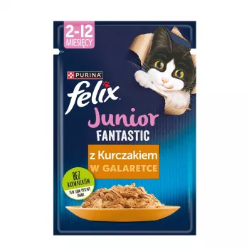 Comida húmida para gatos Purina Nestlé Felix Fantastic Junior 85 g saqueta — frango, 77,5 % de humidade, 13,5 % de proteína
