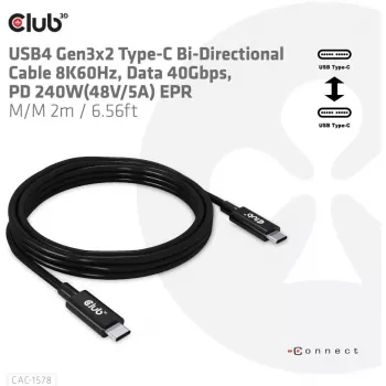 CLUB3D Cabo bidirecional USB4 Gen3x2 Type-C 8K60Hz, Dados 40Gbps, PD 240W(48V/5A) EPR M/M 2m / 6.56ft