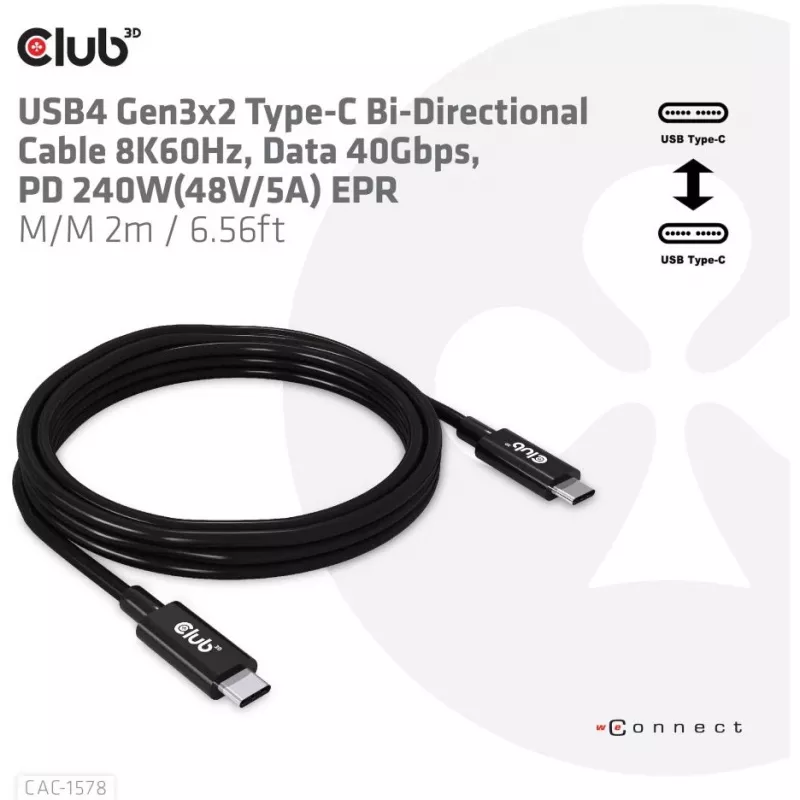 CLUB3D Cabo bidirecional USB4 Gen3x2 Type-C 8K60Hz, Dados 40Gbps, PD 240W(48V/5A) EPR M/M 2m / 6.56ft