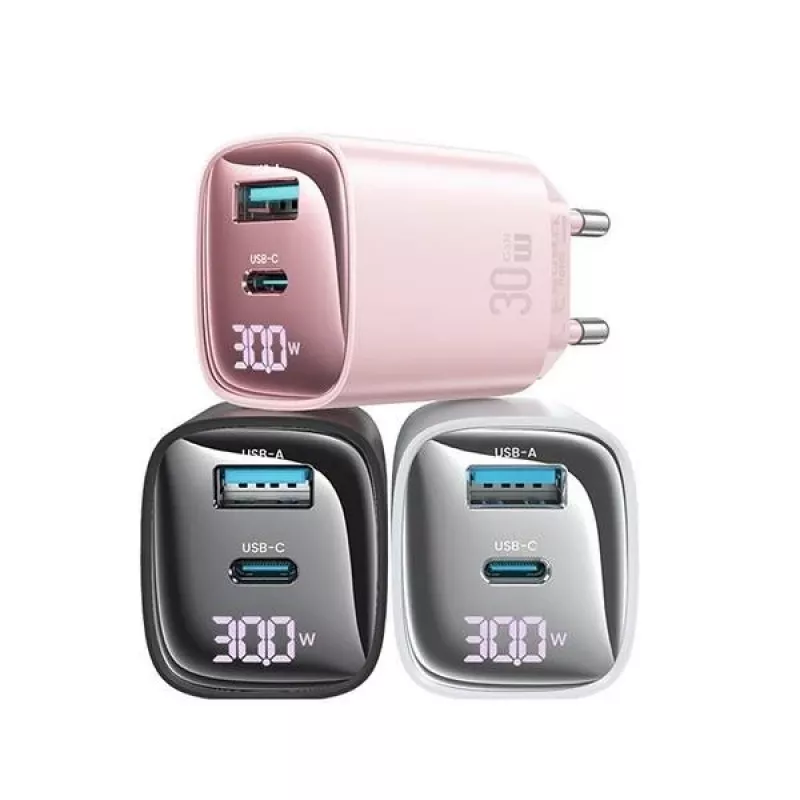 Carregador rápido GaN 30W USB e USB-C usams CC229 Branco — indicador LED, design compacto