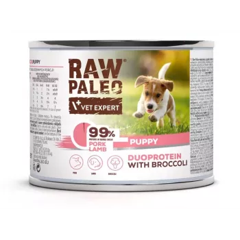 Comida húmida para cães VETEXPERT RAW PALEO Duoprotein porco e borrego Puppy 200 g, sem glúten e sem soja, humidade 81 %