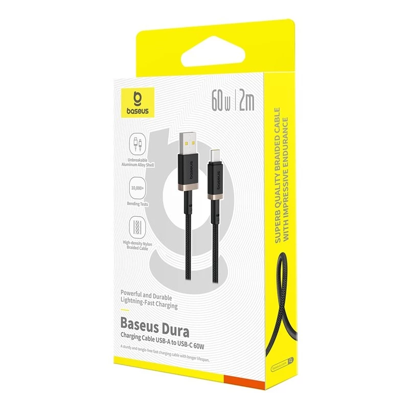 Cabo de carregamento rápido Baseus Dura USB Type A para tipo C 60 W 2 m Preto, Dourado