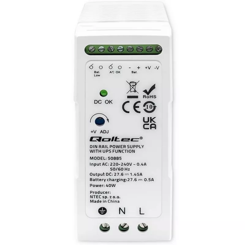 Qoltec 50885 Fonte de alimentação estável para calha DIN com função UPS | 40W