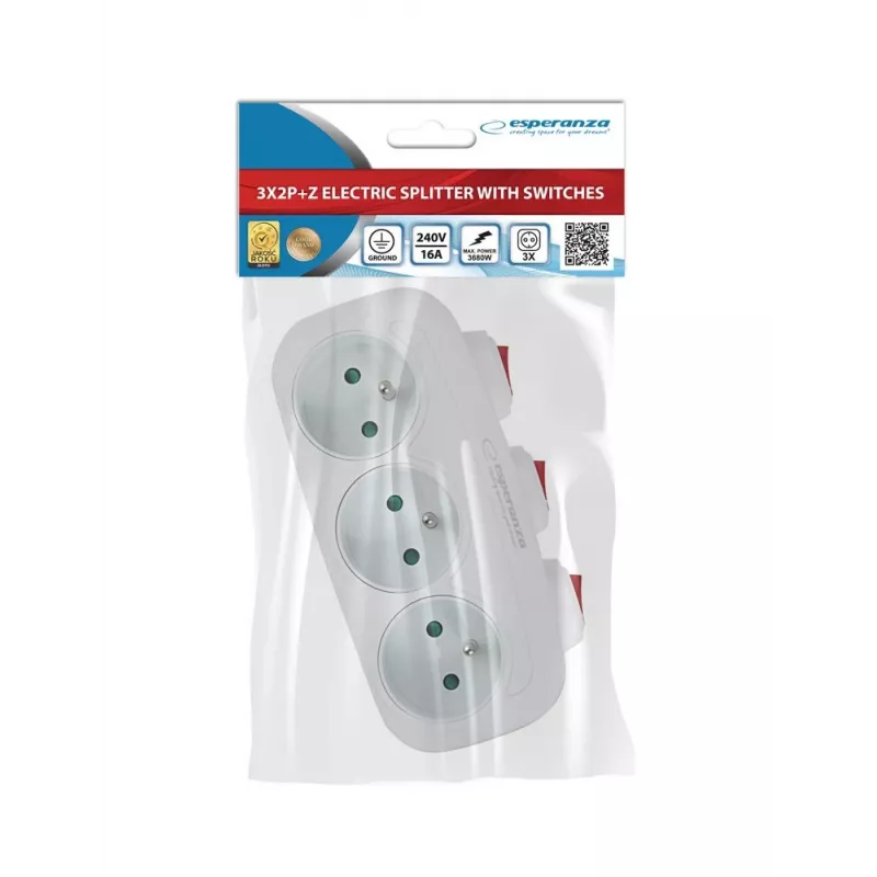 Esperanza ELK307W repartidor elétrico, 3 tomadas com interruptor, branco