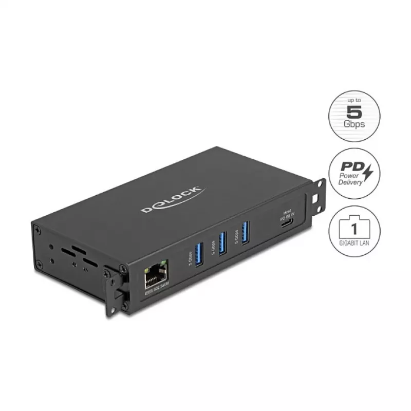 Hub USB DELOCK 3 portas 5 Gbit/s com RJ45 Gigabit PoE++ e host USB Type-C, caixa metálica, isolamento de 1,5 kV, preto
