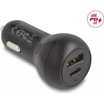 Carregador de automóvel DELOCK 64329 — 12–24V isqueiro USB-C carregamento rápido para smartphone e tablet, preto