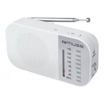 Rádio portátil Muse M-025 RW — analógico FM/AM, branco, a pilhas, antena externa