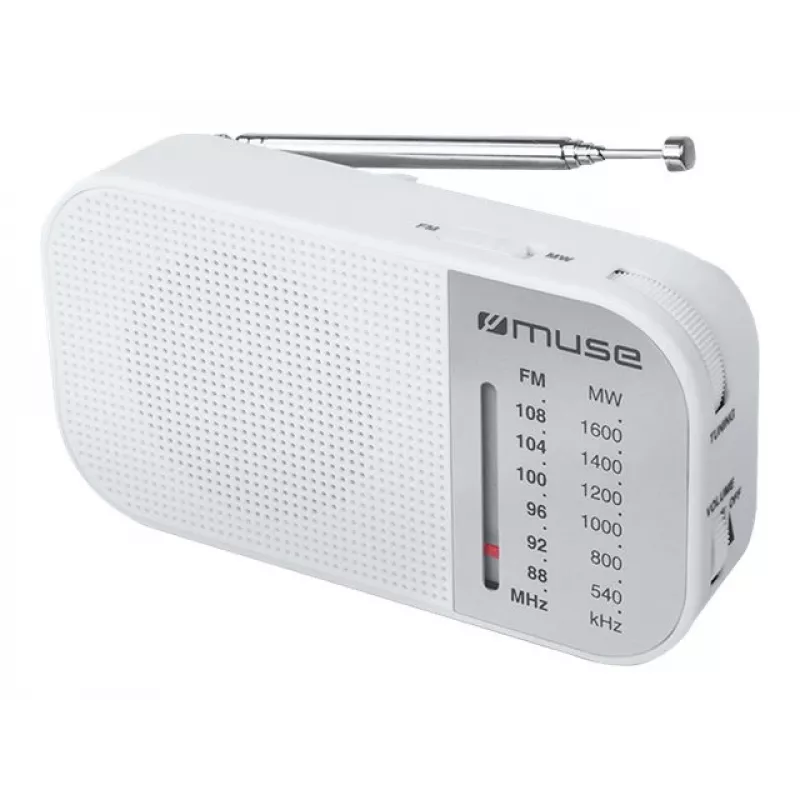 Rádio portátil Muse M-025 RW — analógico FM/AM, branco, a pilhas, antena externa