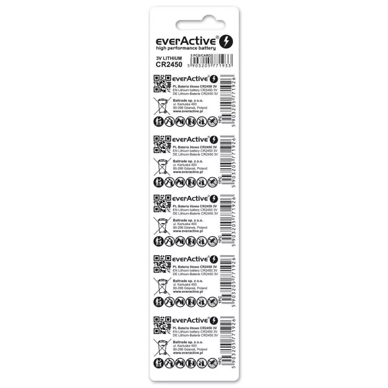 Pilha de lítio tipo botão everActive CR2450, 3 V, 5 mm de altura — pack de 5