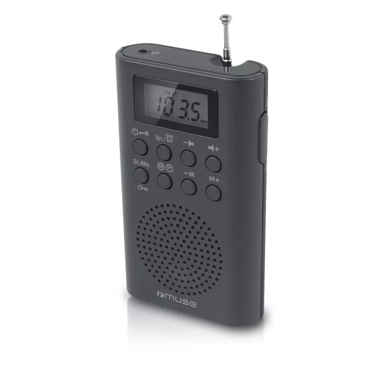 Rádio portátil Muse M-03 R com sintonização FM-PLL, visor LCD, antena externa, preto