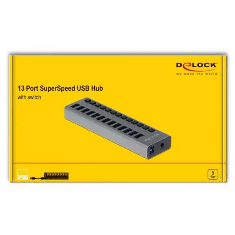 DeLOCK Hub USB externo 5 Gbit/s com 13 portas + interruptor, USB 3.2 Gen 1 (3.1 Gen 1) Type-B, USB 3.2 Gen 1 (3.1 Gen 1) Type-A, 5000 Mbit/s, Cinzento, Alumínio, 1 m