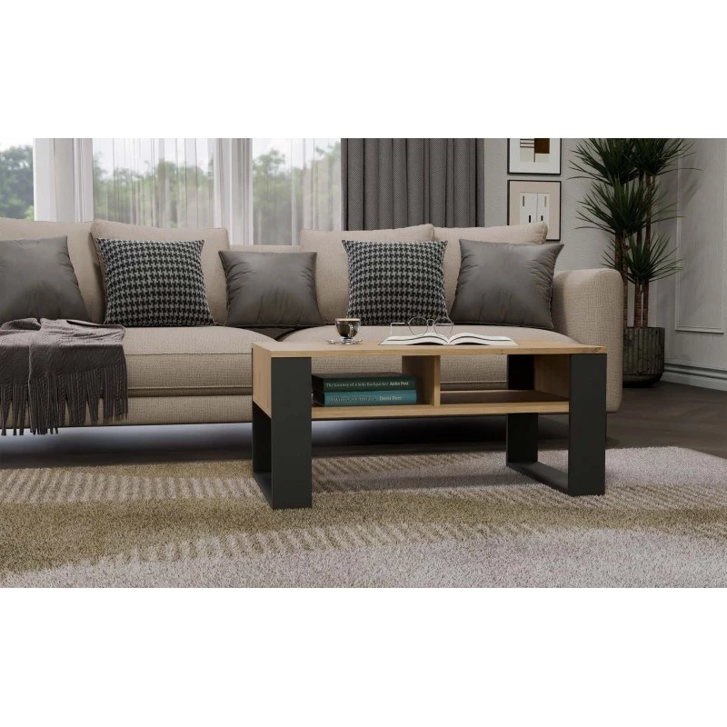 Mesa de centro top e shop Modern 90×58×50 cm, estrutura antracite, prateleiras em carvalho Artisan mate