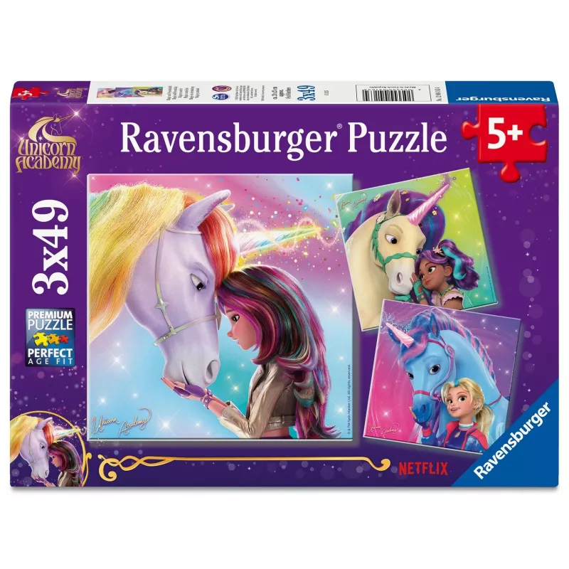 Puzzle Ravensburger Unicorn Academy – 3 x 49 peças, conjunto para criança