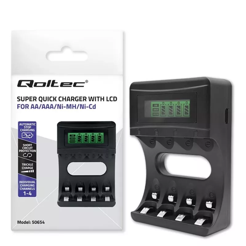 Carregador de pilhas QOLTEC 50654 para pilhas Ni‑MH R03 (AAA) e R6 (AA), 1800 mA
