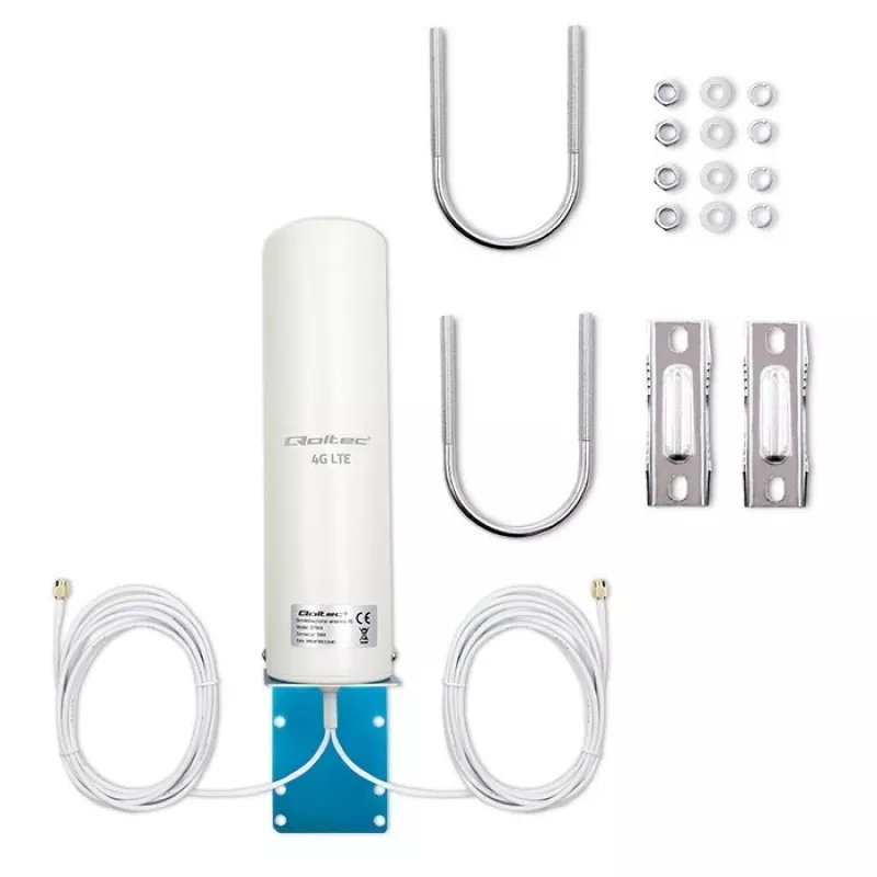 Antena 4G LTE omnidirecional exterior QOLTEC 57044, 5 dBi, 600–2700 MHz, 50 W, 50 Ω, caixa de cobre branca