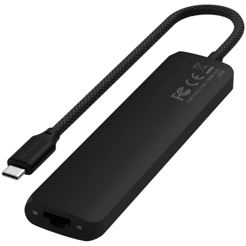 Adaptador multiportas USB-C Slim 7 em 1 Satechi Ethernet (USB-C PD, 2x USB-A, HDMI 4K, Ethernet, leitor de cartões micro/SD) (preto)