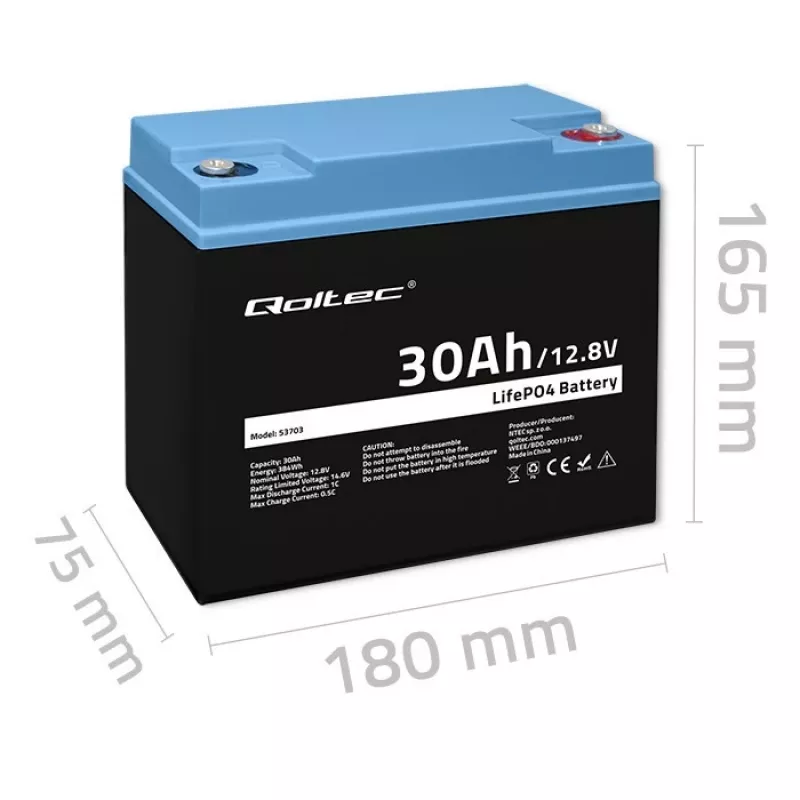 Bateria recarregável LiFePO4 QOLTEC 12,8V 30Ah 384Wh com BMS