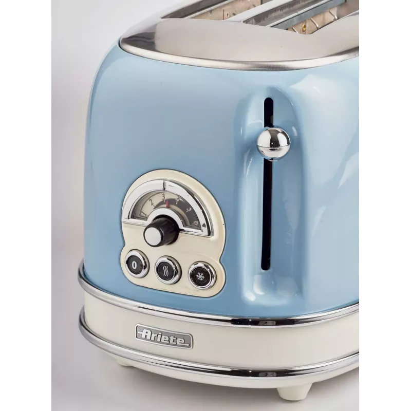 Torradeira Ariete 155 Design 2 fatias com cestos para sanduíches, 6 níveis de tostagem, 810 W, caixa em aço inoxidável, gaveta de migalhas removível, azul pastel