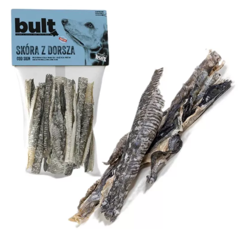 Snack para cães BULT pele de bacalhau 50 g — snack de peixe de um só ingrediente, 87,3 % proteína, sem cereais, cães adultos