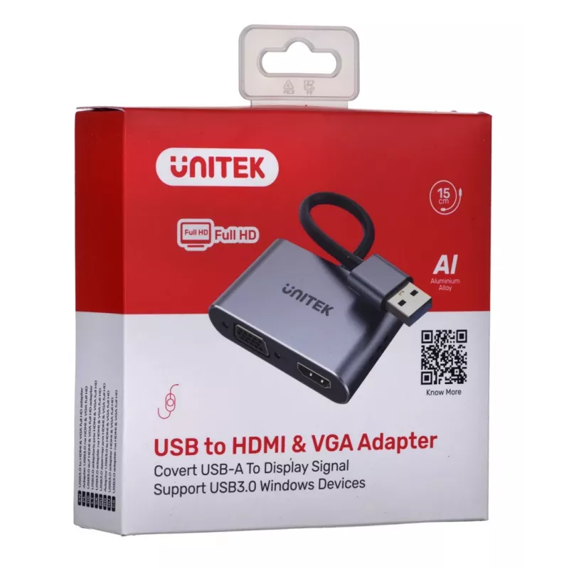 Adaptador de cabo de vídeo UNITEK V1304A 0,15 m USB Type-A HDMI + VGA (D-Sub) cinzento