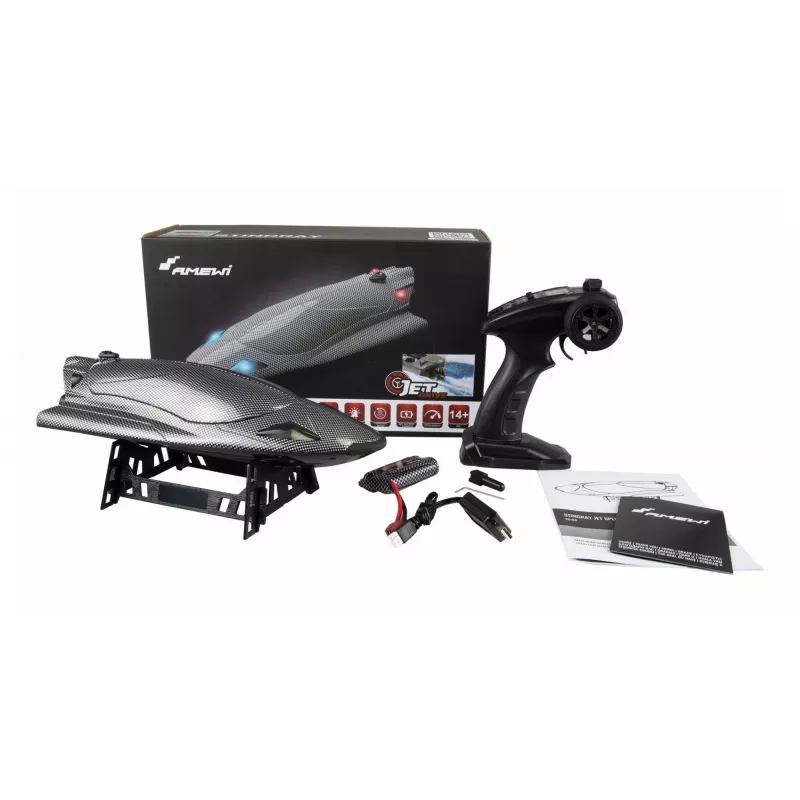 Lancheira rápida radiocomandada Amewi Stingray Jet Drive 335mm RTR, aspeto carbono