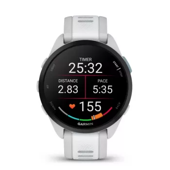 Smartwatch GARMIN Forerunner 165 — GPS, AMOLED 1,2 polegadas, 4 GB, 5 ATM, 11 dias de bateria, Caixa cinzenta, Bracelete branca