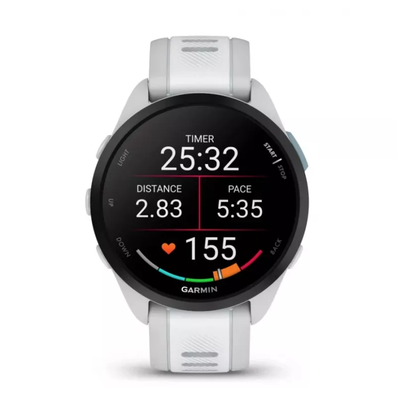 Smartwatch GARMIN Forerunner 165 — GPS, AMOLED 1,2 polegadas, 4 GB, 5 ATM, 11 dias de bateria, Caixa cinzenta, Bracelete branca