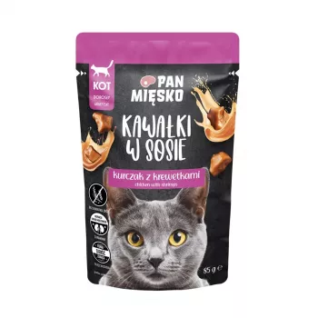 Alimento húmido para gatos Pan Mięsko pedaços em molho — frango com camarão, 85 g, gatos adultos, teor de humidade 81%