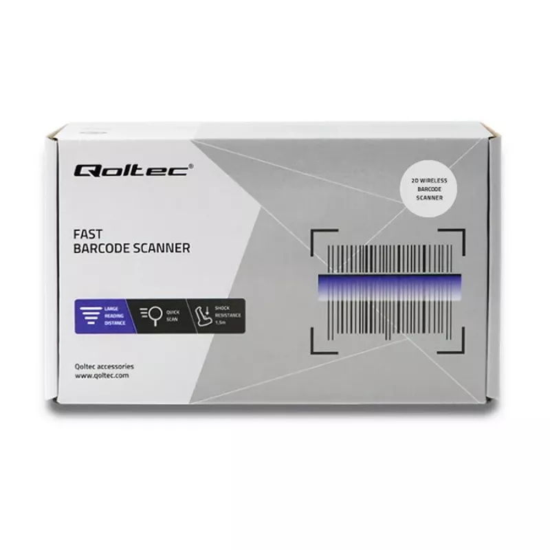Leitor de códigos de barras manual QOLTEC 50868 — leitor laser 1D/2D, USB com e sem fios, distância de trabalho 600 mm, preto