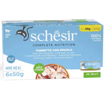 Alimento húmido para gatos Agras Pet Foods Schesir Atum com Robalo em Gelatina, 6×50 g (300 g), adulto
