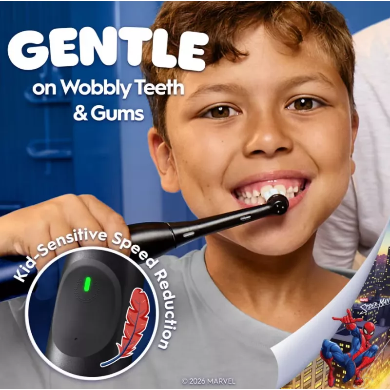Escova de dentes elétrica BRAUN Oral‑B iO Kids Marvel Spiderman — recarregável, 3 modos, temporizador musical de 2 minutos, estojo de viagem, 1 cabeça de escova, iões de lítio