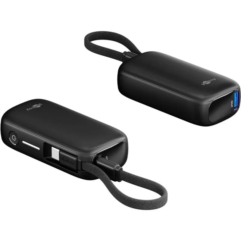 Powerbank 5.000 mAh, cabo USB-C integrado 13 cm, 20 watts (preto, 5 Ah, 1x USB-A, 1x USB-C, PD, QC)