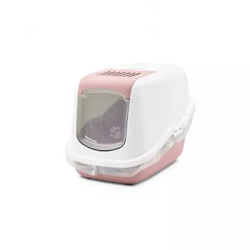 Caixa de areia para gatos com tampa Savic Nestor branco-rosa, bandeja fechada com tampa, 56×39×38,5 cm
