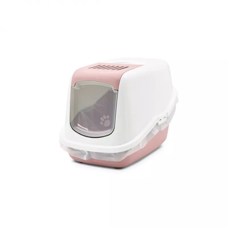 Caixa de areia para gatos com tampa Savic Nestor branco-rosa, bandeja fechada com tampa, 56×39×38,5 cm