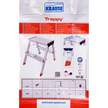 Escadote dobrável Krause Treppy prateado 130020 — alumínio, 2 degraus, capacidade de carga 150 kg, dobrado 55×20 cm, peso 2 kg