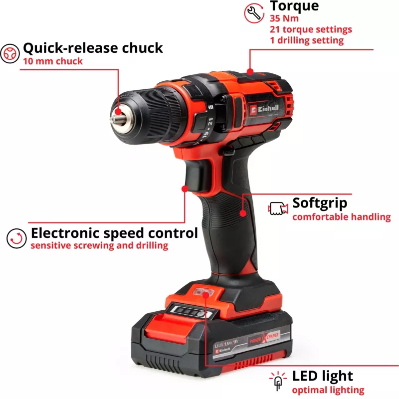 Parafusadeira com bateria Einhell 4513914, 18V ião de lítio, 185x63x188 mm