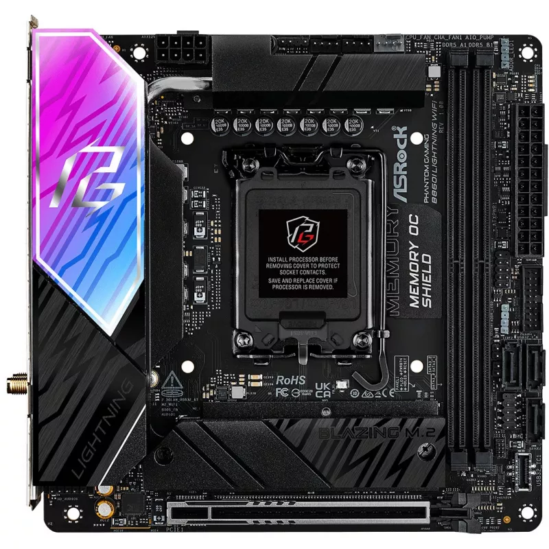 Placa-mãe ASROCK B860I Lightning WiFi — Intel B860, LGA 1851, Mini-ITX, DDR5, 2x DIMM, 4x M.2, 2.5Gb LAN, Wi‑Fi 6E, Bluetooth 5.3