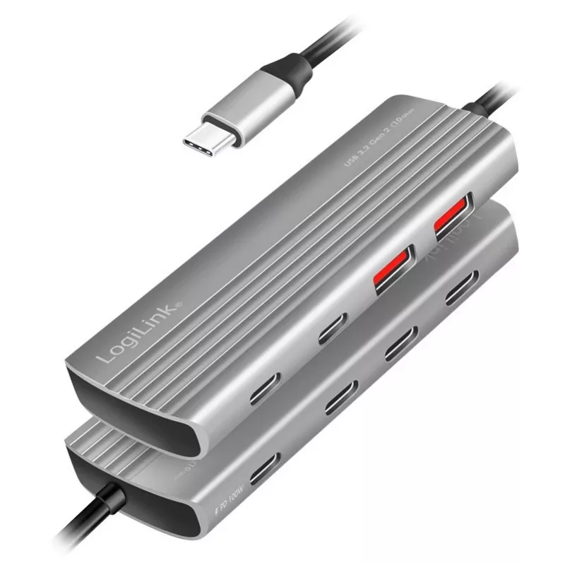 Hub LogiLink USB 3.2 Gen2 7+1 portas 2x USB-A 5x USB-C PD 100W alumínio